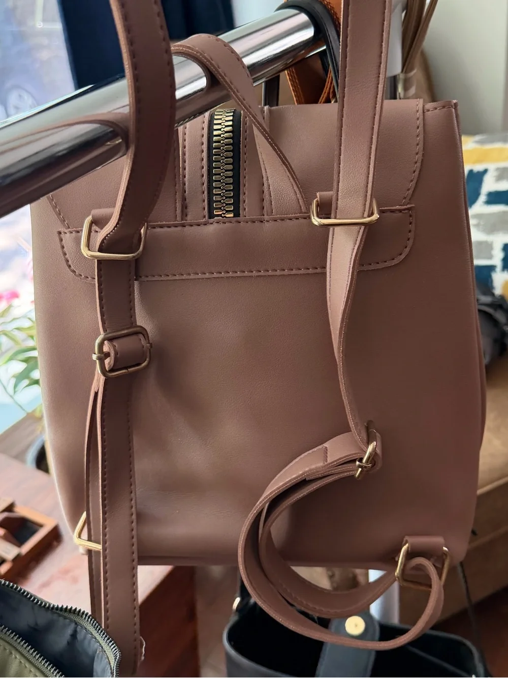 Women's Mauve Faux Leather Backpack with Gold Zip Accent - Picture 3 of 4